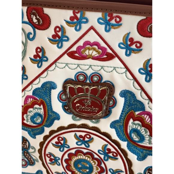 NEW Fricaine Brown Embroidered Tote Floral Leather Purse Handbag - Picture 4 of 11